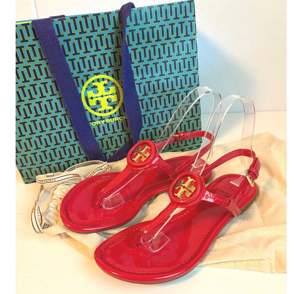 Tory Burch Dillan Red Patent Leather Slingback Thong Sandals Size 5 Gold Logo